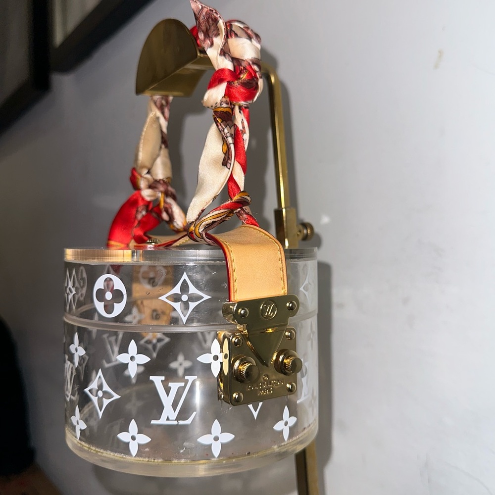 Louis Vuitton Clear Monogram Round Box Bag with Red and Tan Scarf Handle - Picture 3 of 8